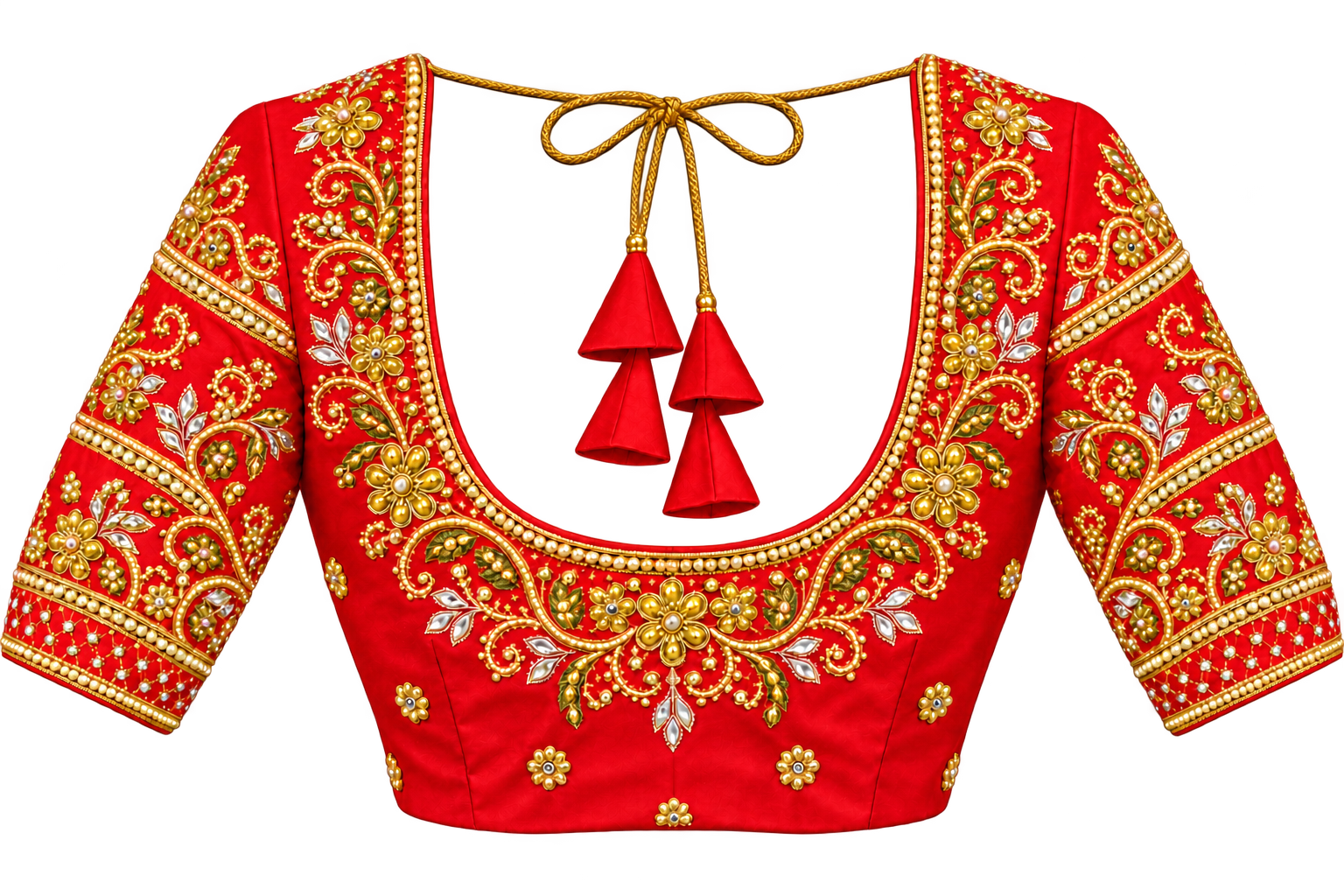 Red bridal blouse with gold floral embroidery, mirror details and tassel ties